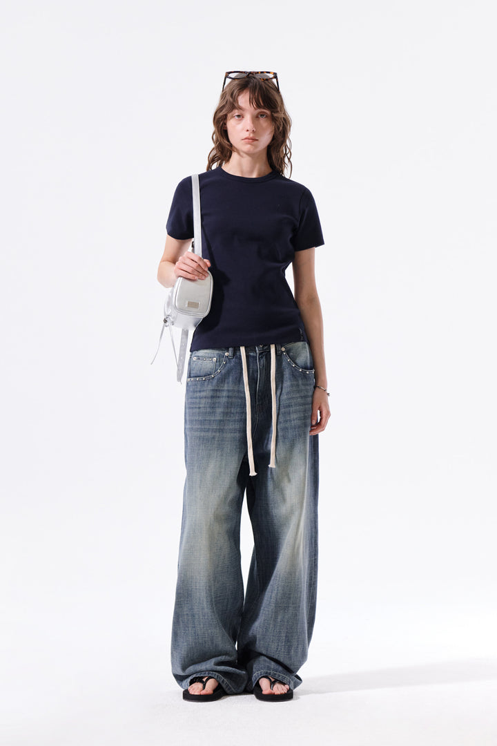 Matin Kim Label Detail Slim Fit Top — Navy blue