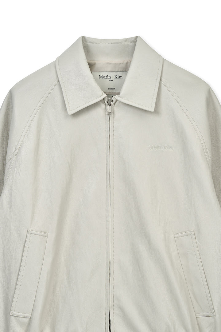 Matin Kim Small Logo Faux Leather Zip-Up — Light Grey
