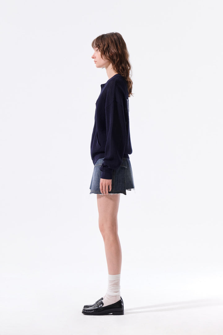 Matin Kim Back Logo Jacquard Mesh Knit Zip — Navy blue