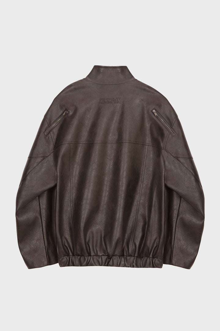 KIMMATIN Oversize Leather Biker Jumper — Brown