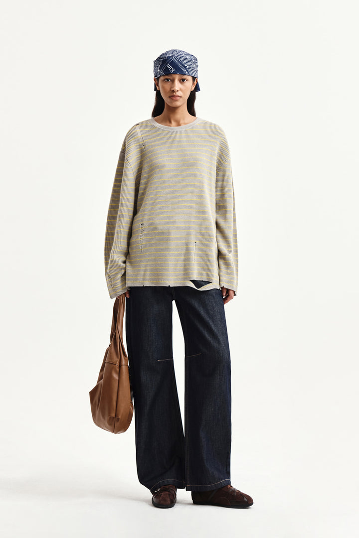 Matin Kim Stripe Damaged Loose Pullover — Beige
