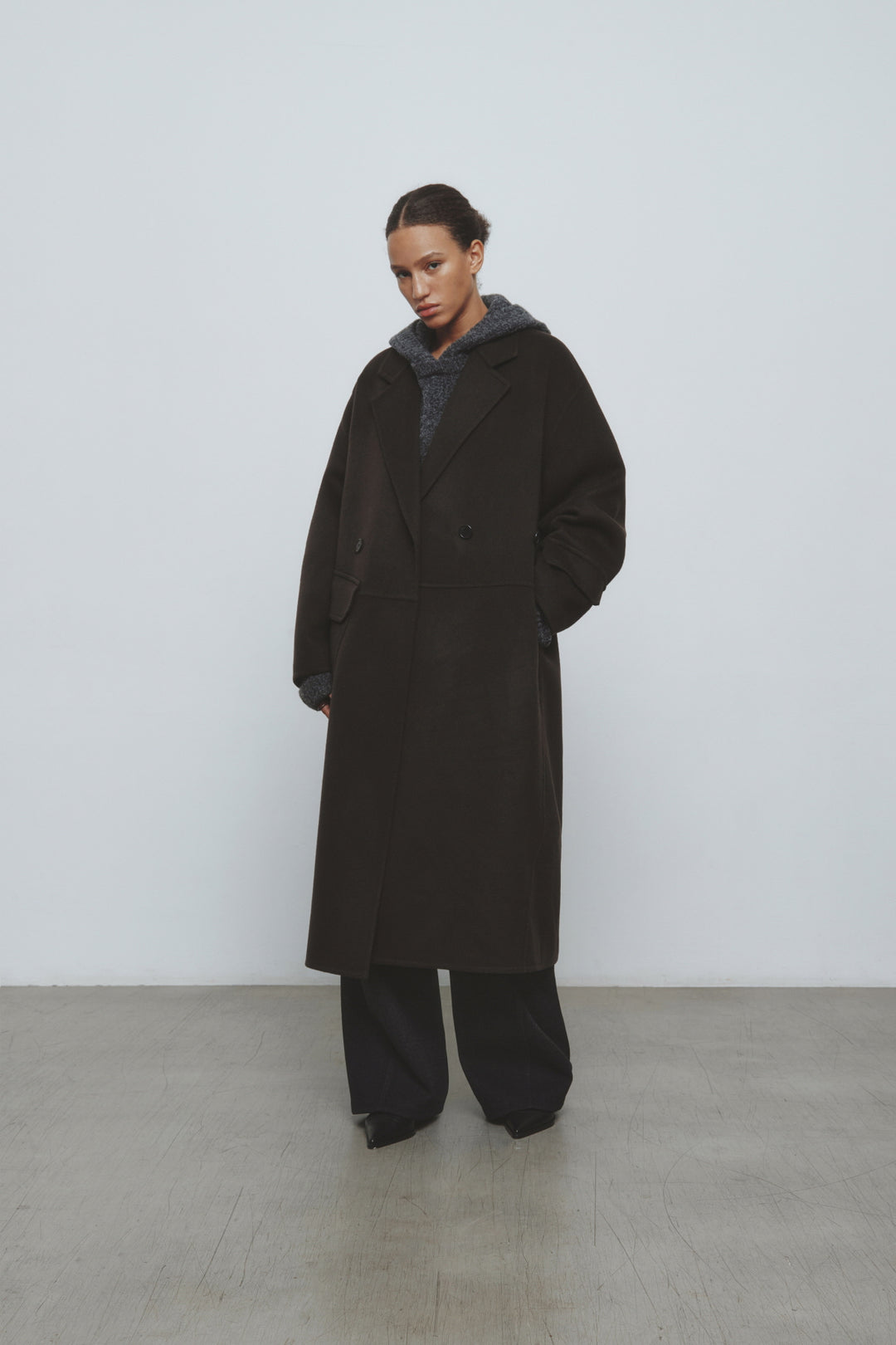 KIMMATIN Belted Double Wool Coat — Brown