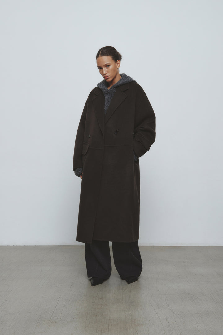 KIMMATIN Belted Double Wool Coat — Brown