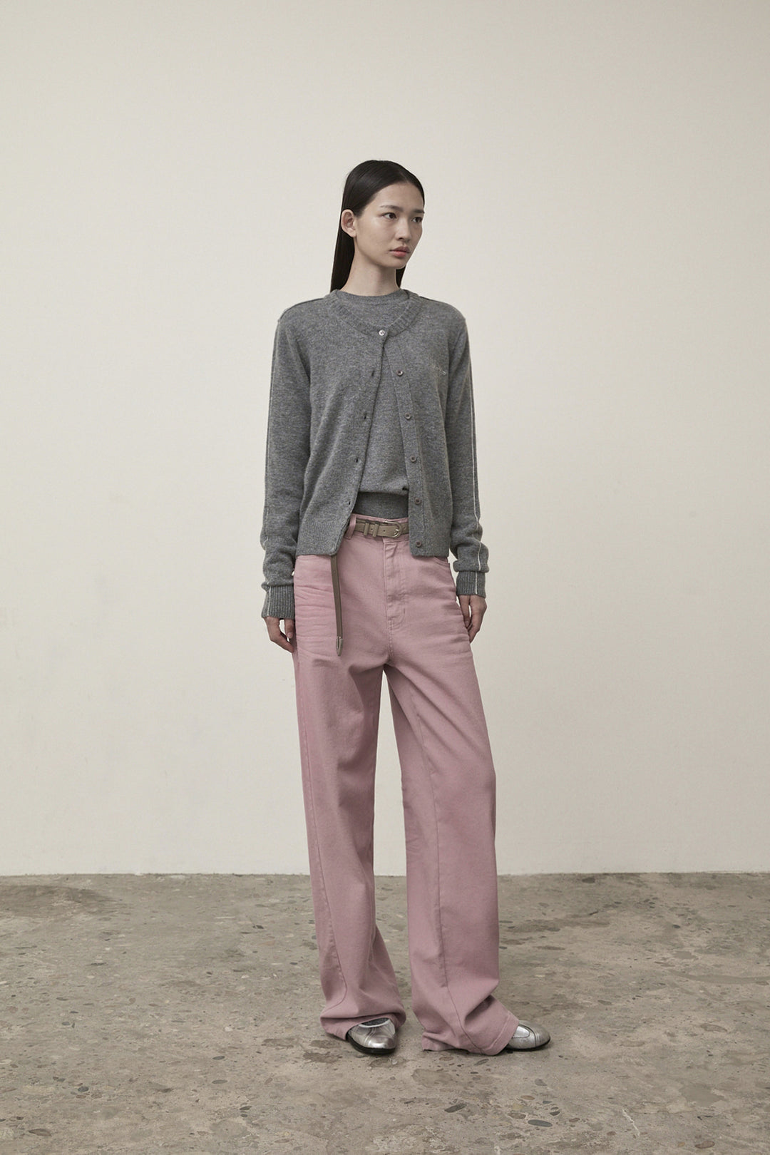 Matin Kim Cashmere Blended Round Knit Cardigan — Gray