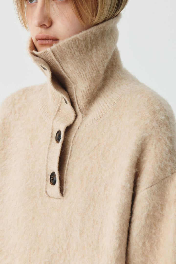 KIMMATIN Button High Neck Alpaca Blend Sweater — Beige