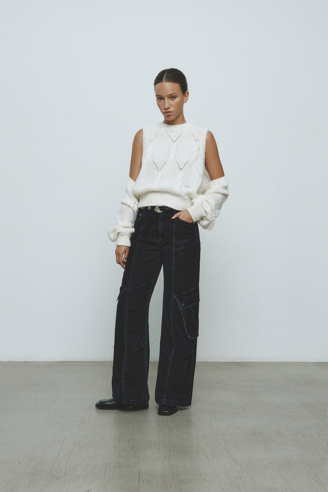 KIMMATIN Bolero Layered Cable Knit Pullover — Ivory