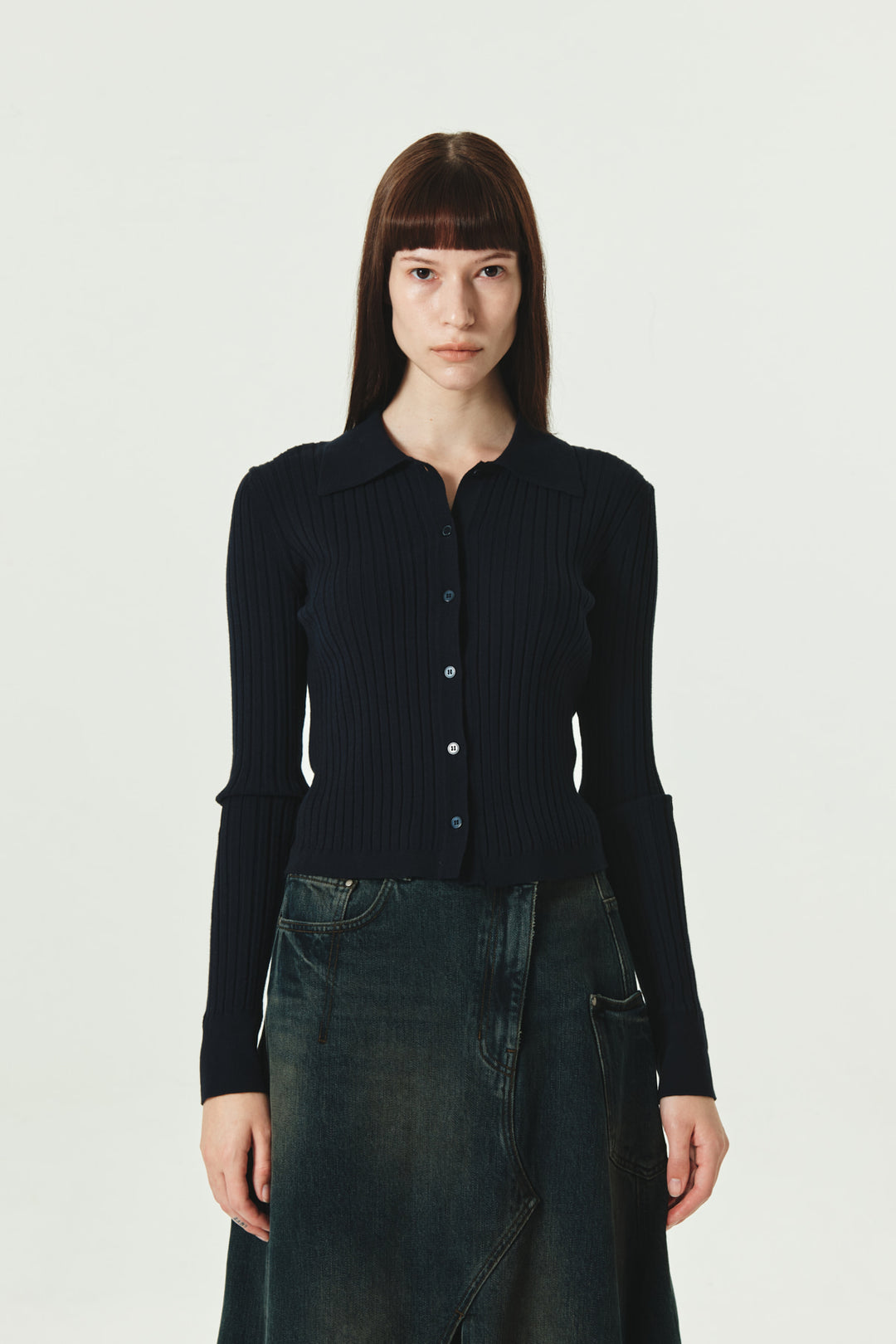 KIMMATIN Collar Point Ribbed Button Knit Cardigan — Navy blue