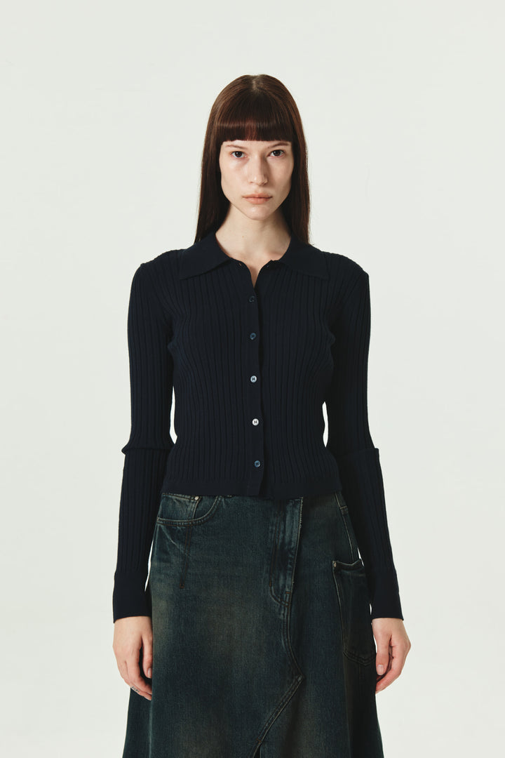 KIMMATIN Collar Point Ribbed Button Knit Cardigan — Navy blue