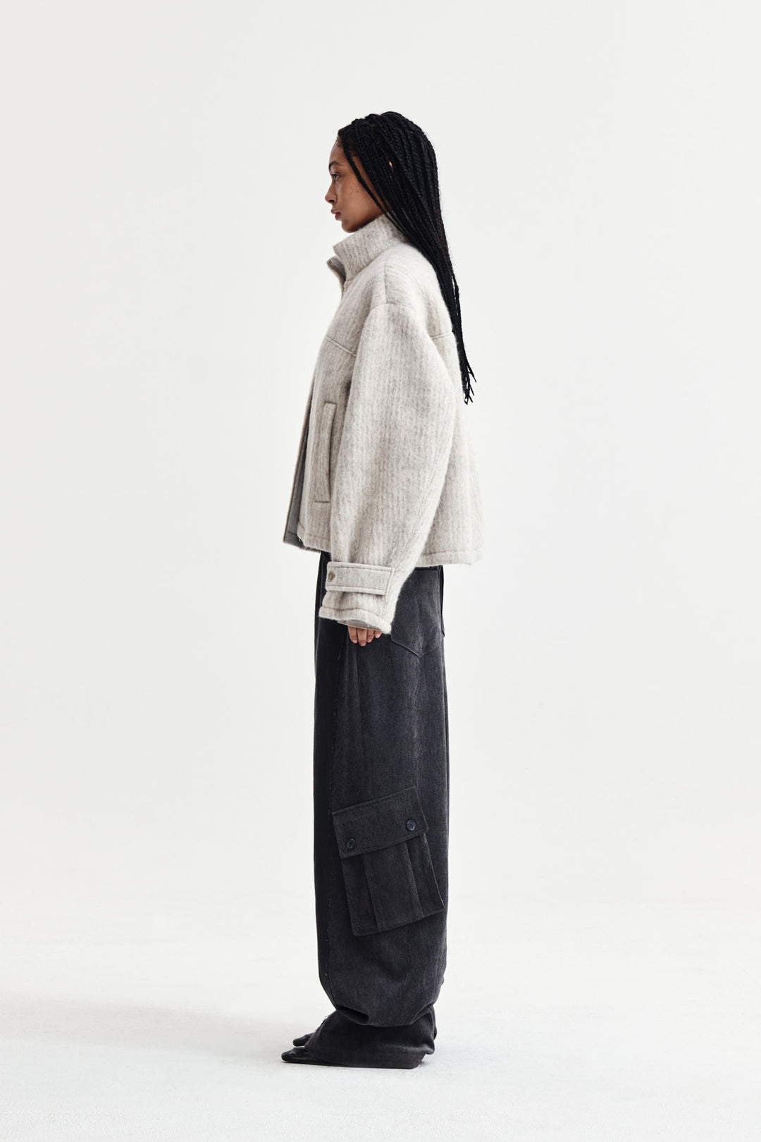 Matin Kim Hairy High Neck Zip Up Jumper — Beige