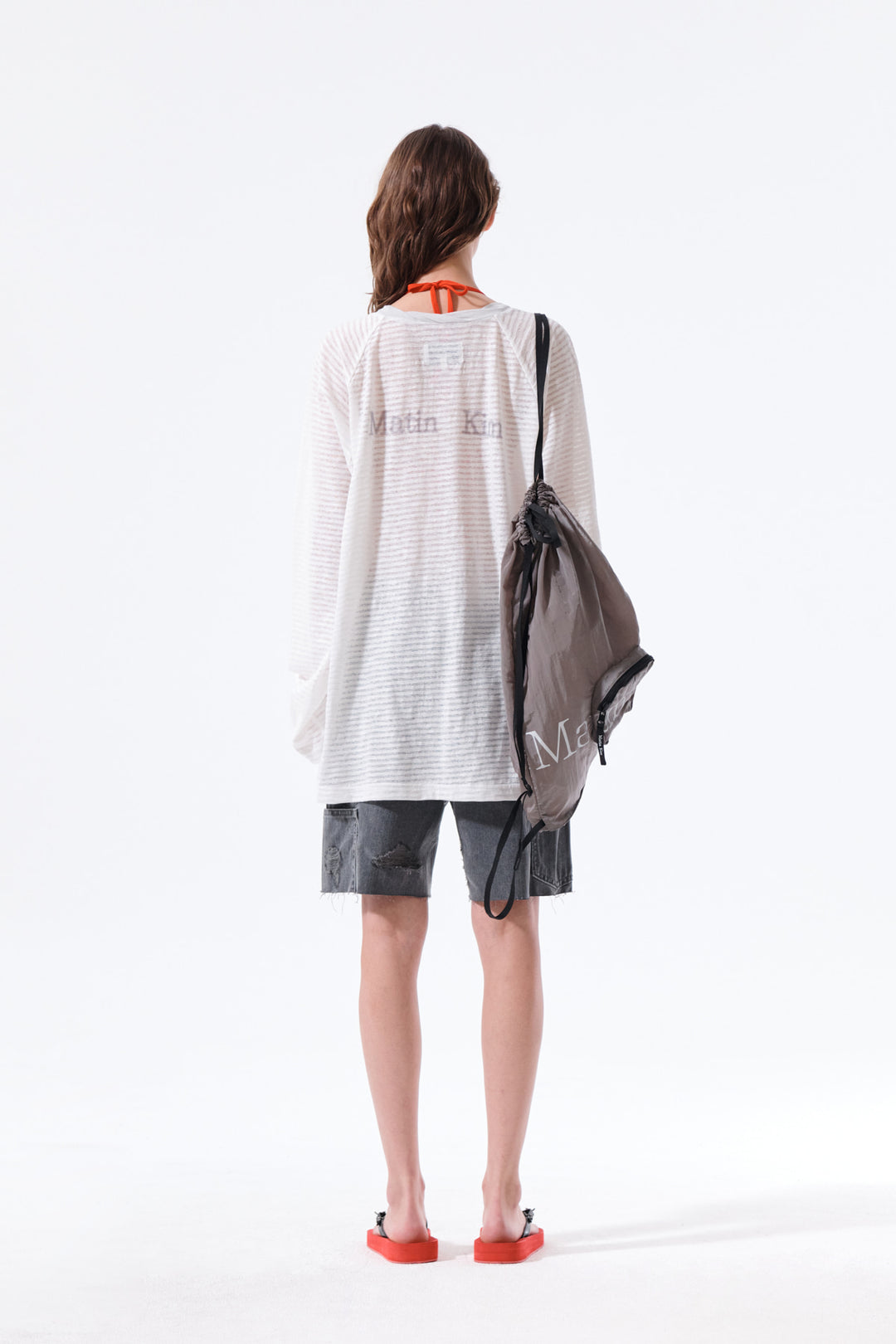 Matin Kim Twist Boat Neck Stripe Logo Top — White