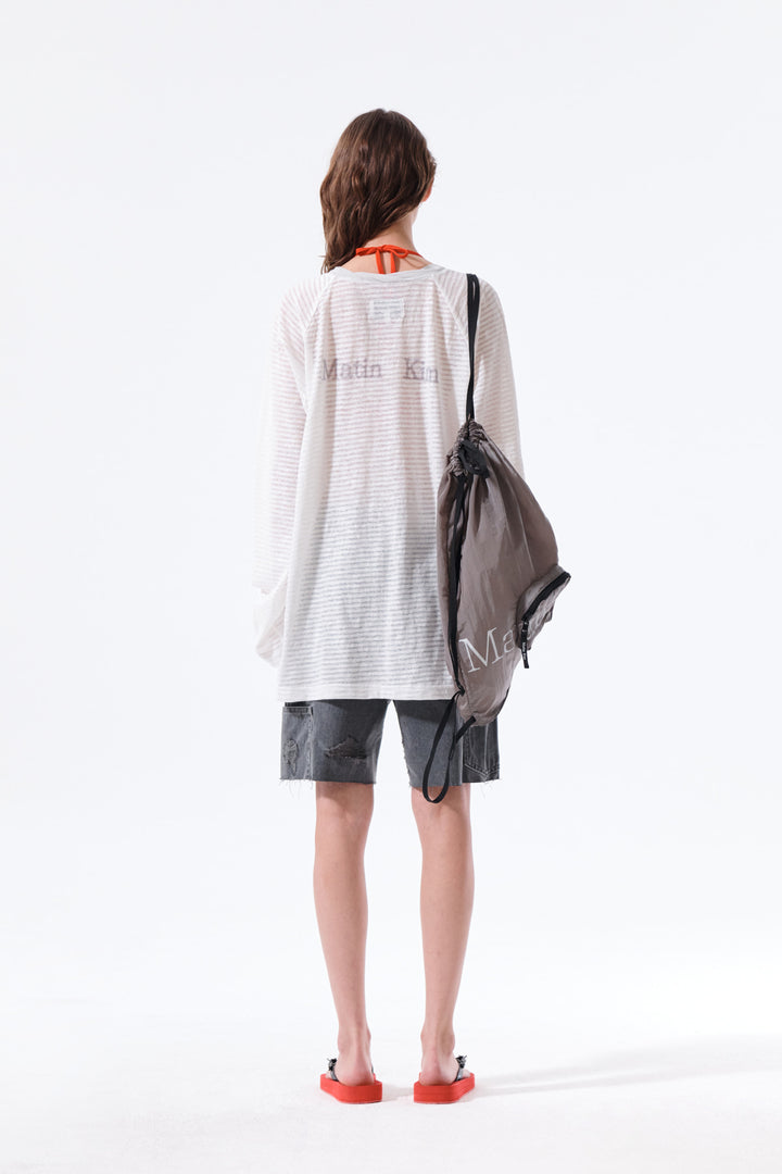 Matin Kim Twist Boat Neck Stripe Logo Top — White