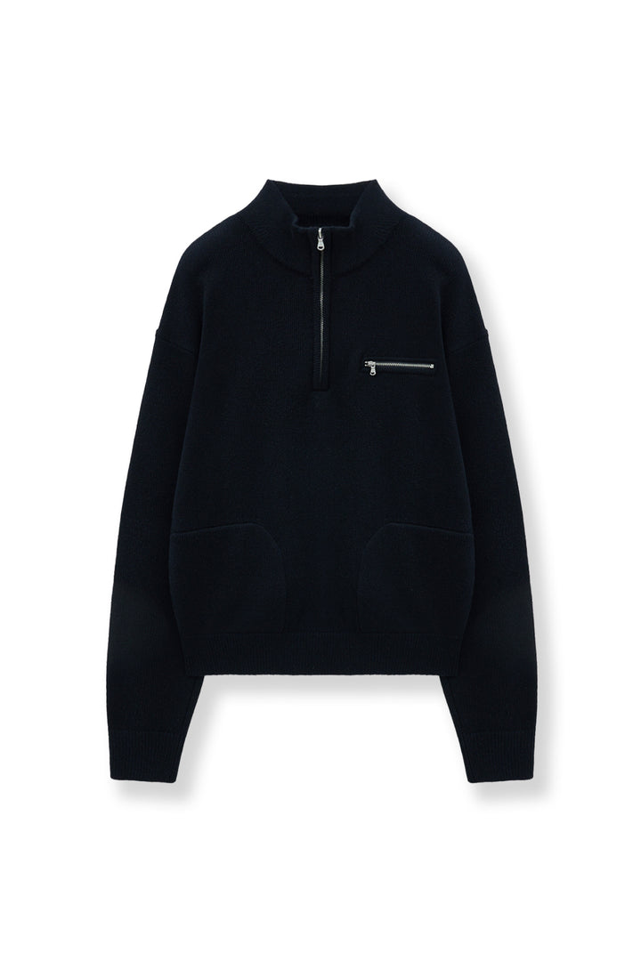 Matin Kim Back Logo Half Knit Zip Pullover — Navy blue