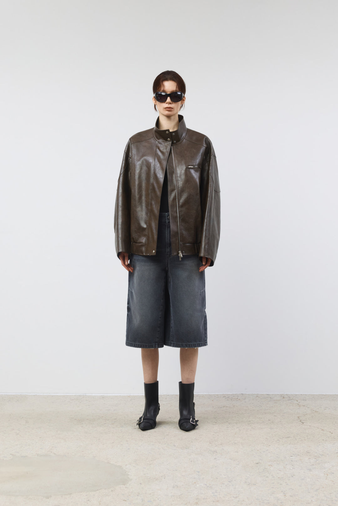 KIMMATIN Oversize Leather Biker Jumper — Brown