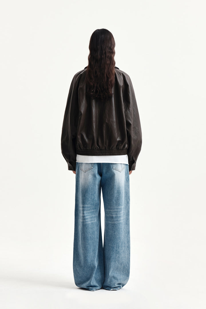 Matin Kim Small Logo Faux Leather Zip-Up — Brown