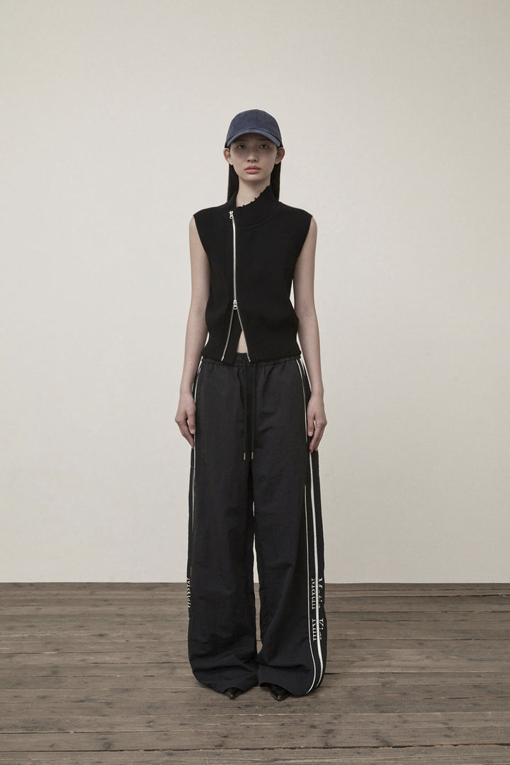 Matin Kim High Neck Logo Knit Zip Vest — Black