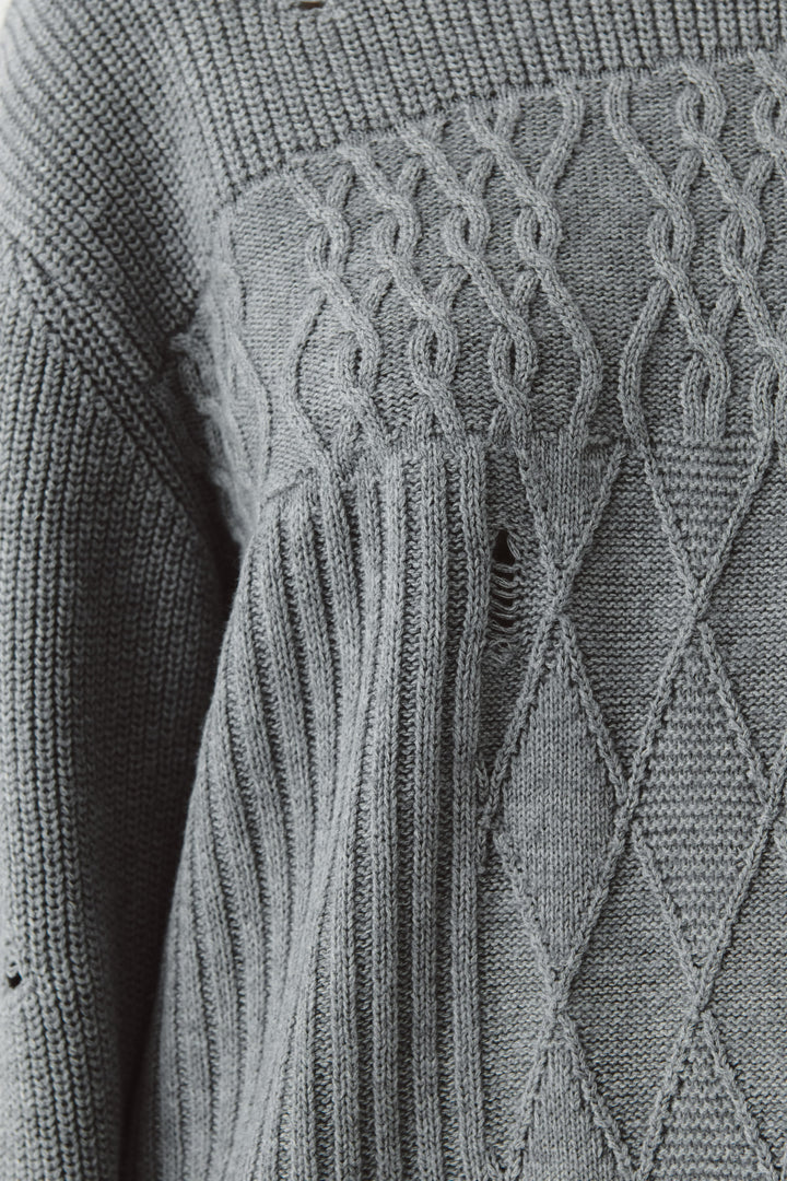 KIMMATIN Cable Mix Damage Knit Pullover — Gray