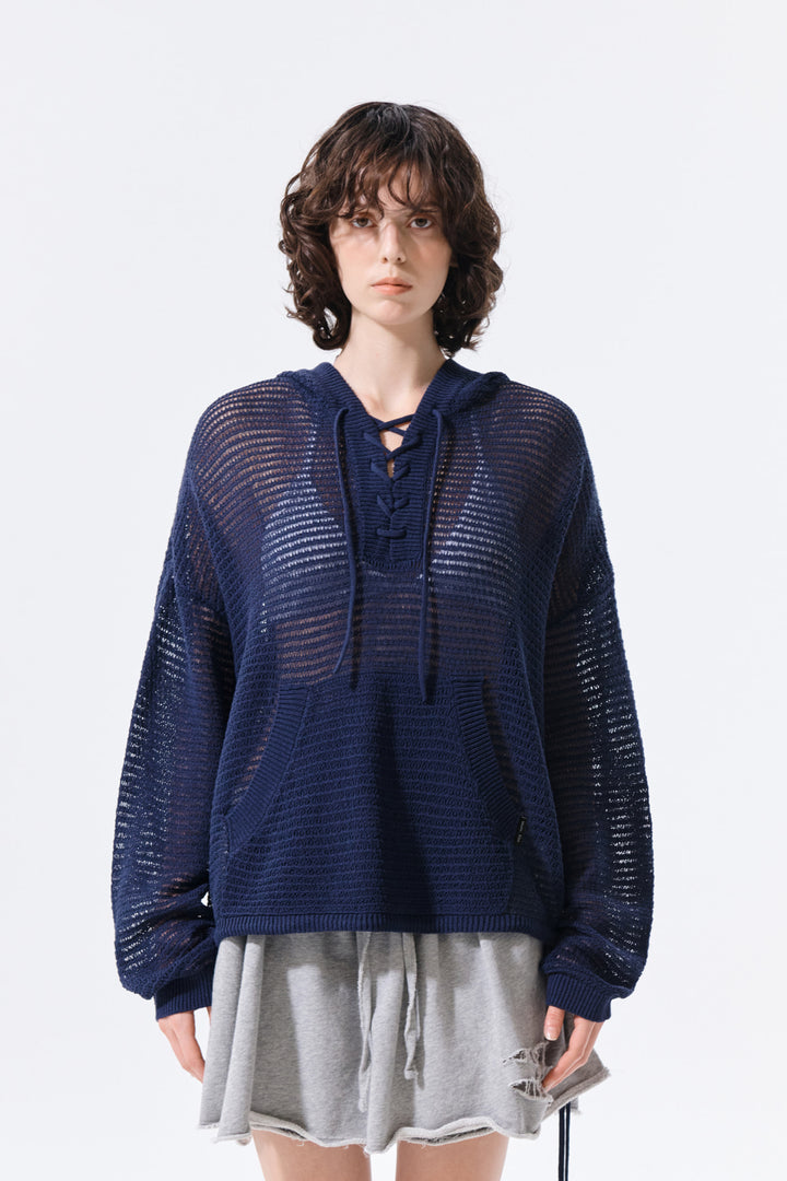 Matin Kim Oversized Mesh Knit Hoodie — Navy blue