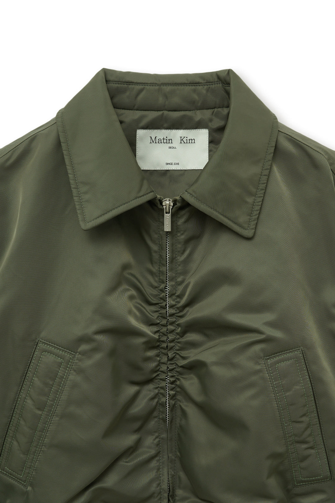 Matin Kim Appliqué Logo Shirring Bomber Jacket — Khaki