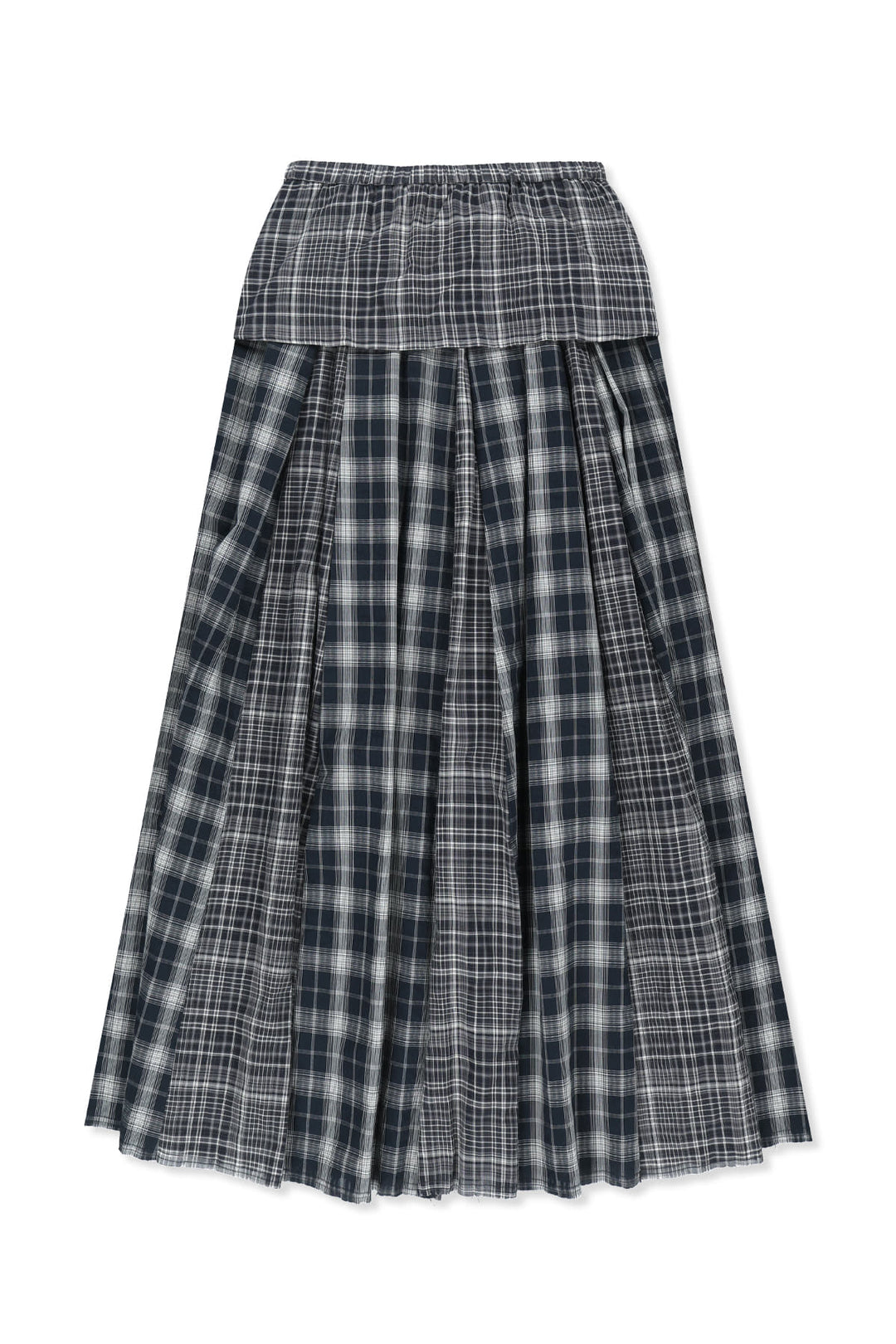 Matin Kim Mixed Check Sleeve Tie Flare Skirt — Navy blue