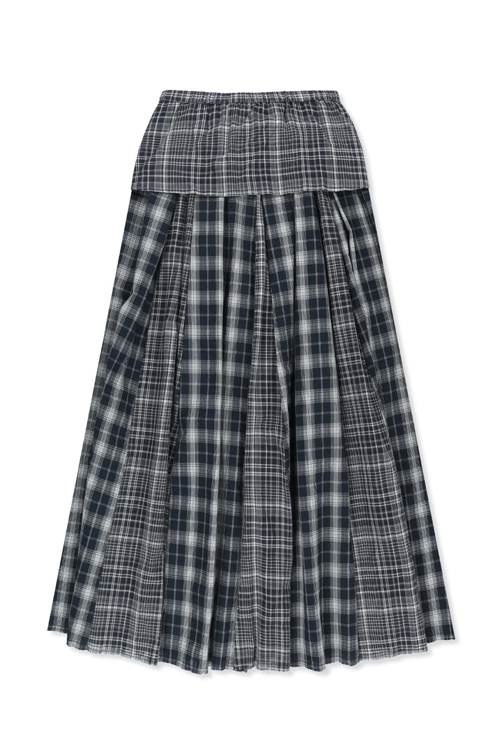 Matin Kim Mixed Check Sleeve Tie Flare Skirt — Navy blue