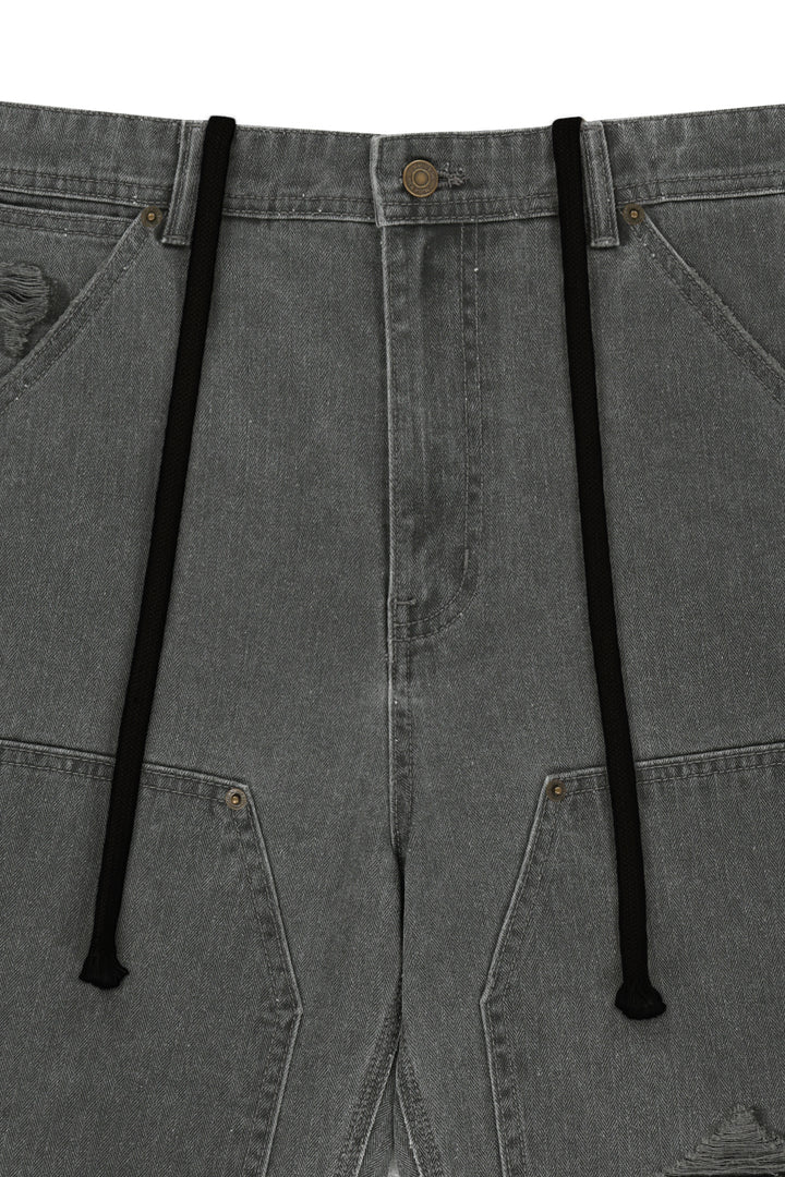 Matin Kim Herringbone Raw Cut Denim Shorts — Gray