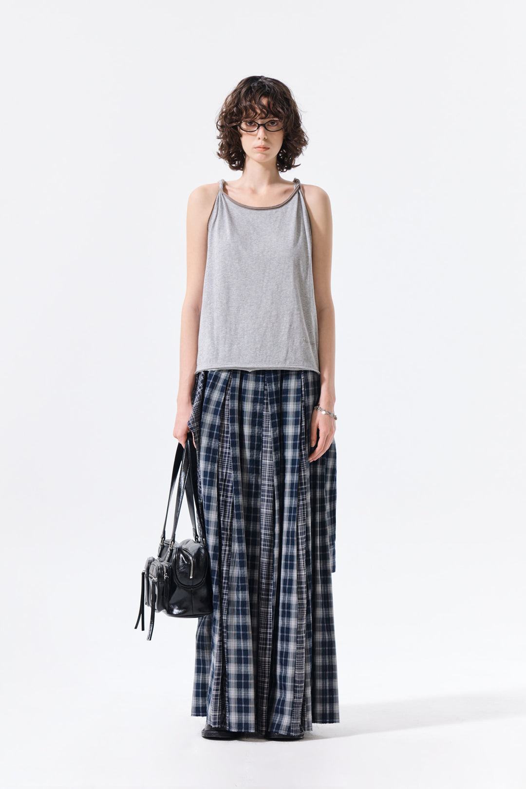 Matin Kim Mixed Check Sleeve Tie Flare Skirt — Navy blue
