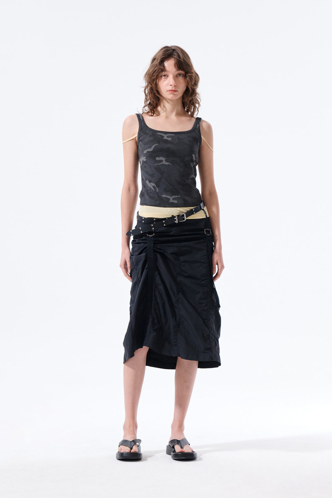 Matin Kim Nylon Shirring Midi Skirt — Black