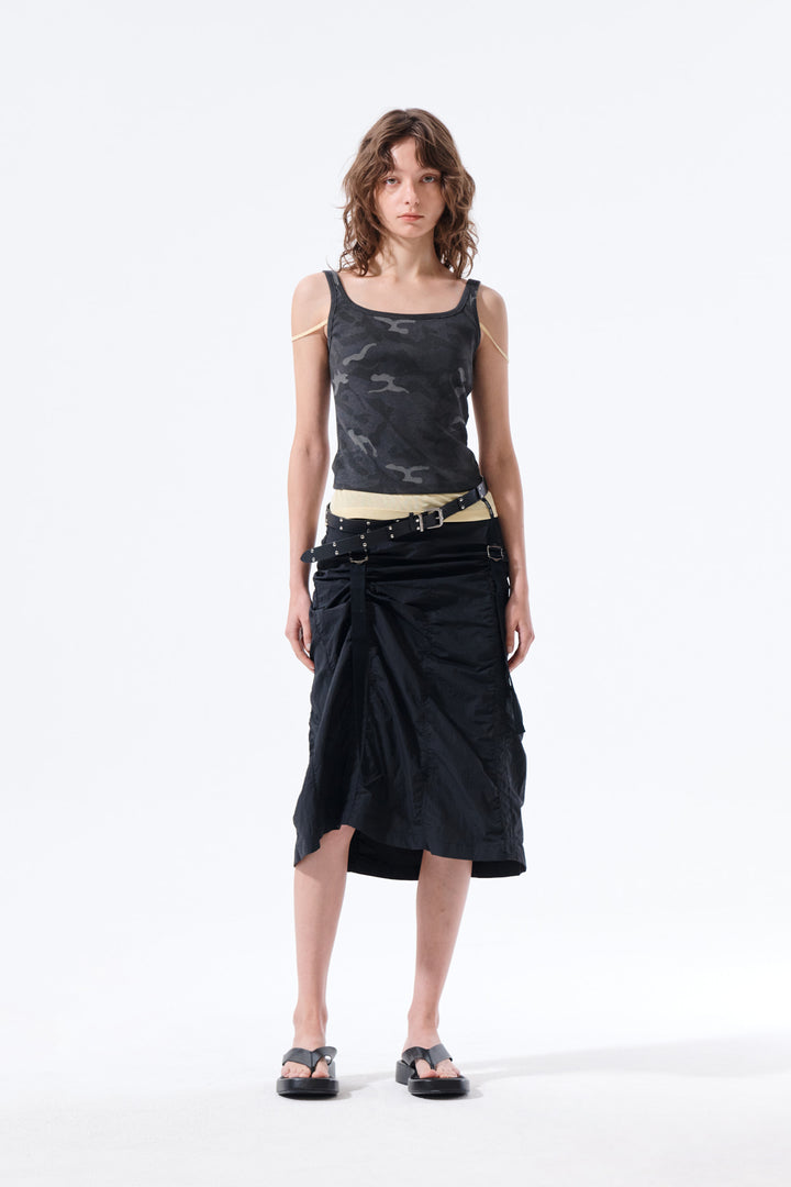 Matin Kim Nylon Shirring Midi Skirt — Black