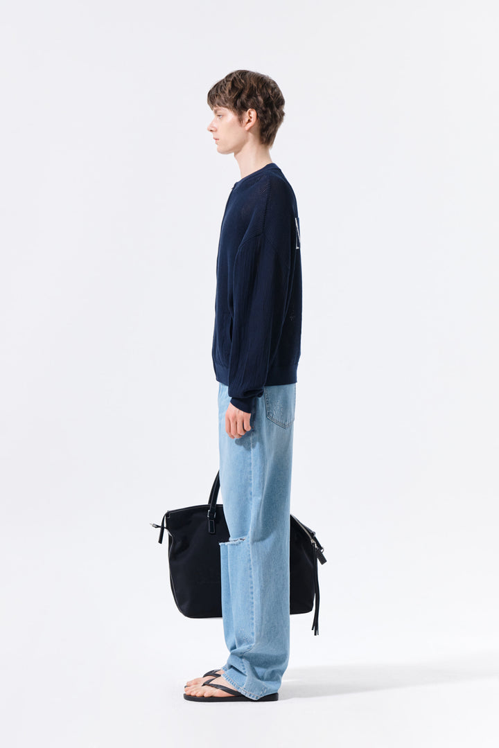 Matin Kim Back Logo Jacquard Mesh Knit Zip — Navy blue