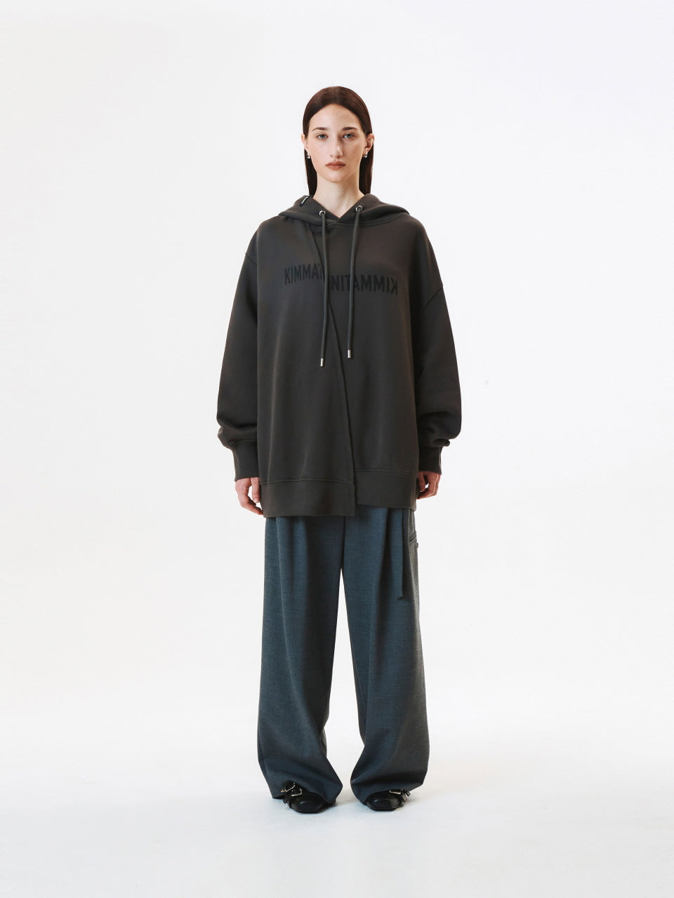 KIMMATIN Blurred Logo Raw Cut Oversize Hoody — Charcoal