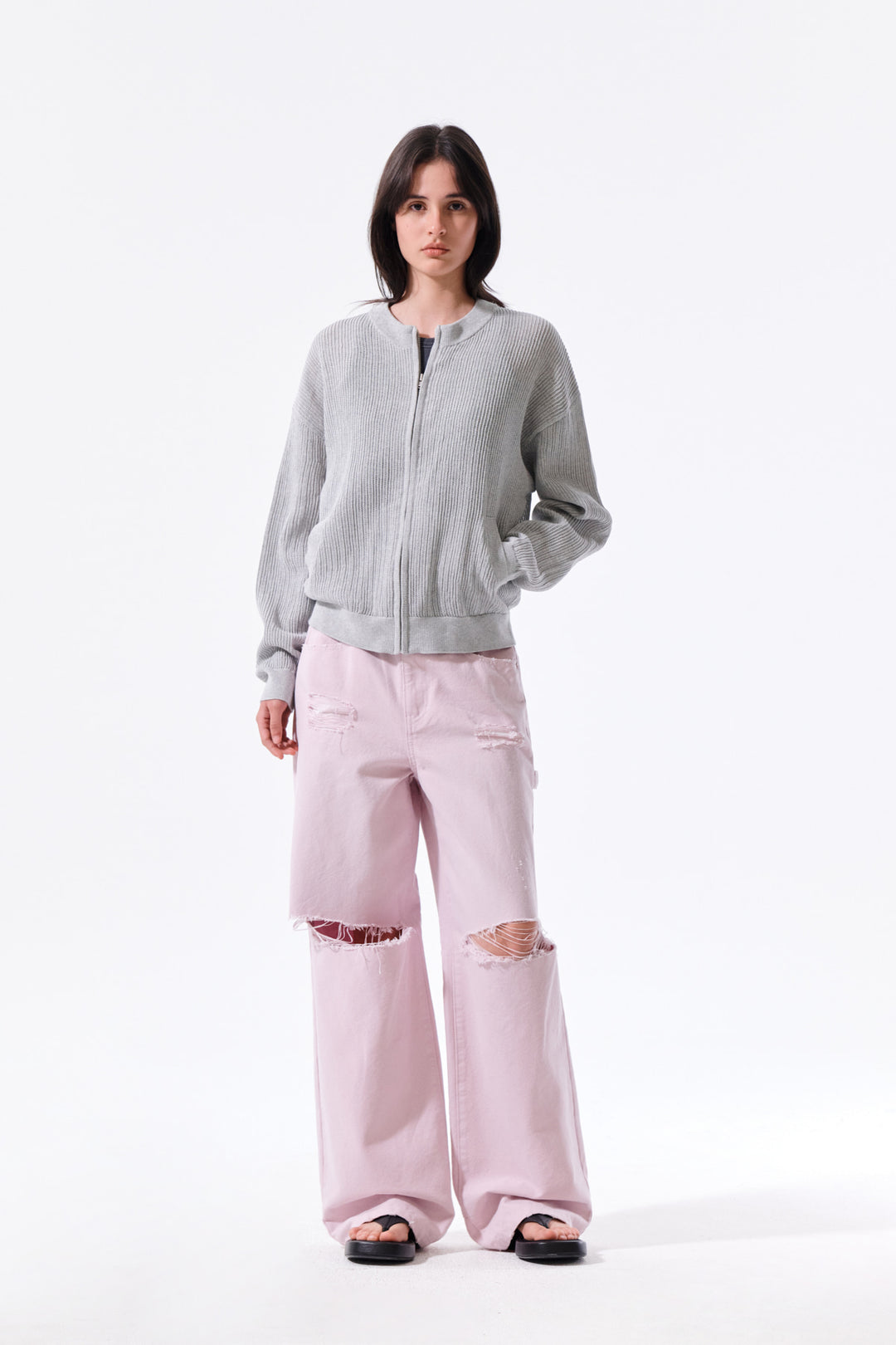 Matin Kim Back Logo Jacquard Mesh Knit Zip — Light Grey