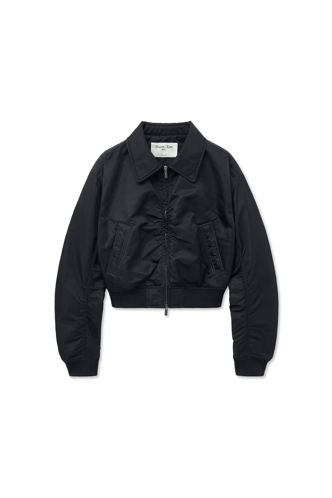 Matin Kim Appliqué Logo Shirring Bomber Jacket — Black