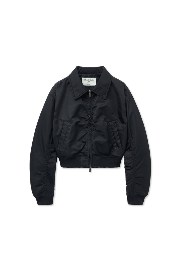 Matin Kim Appliqué Logo Shirring Bomber Jacket — Black