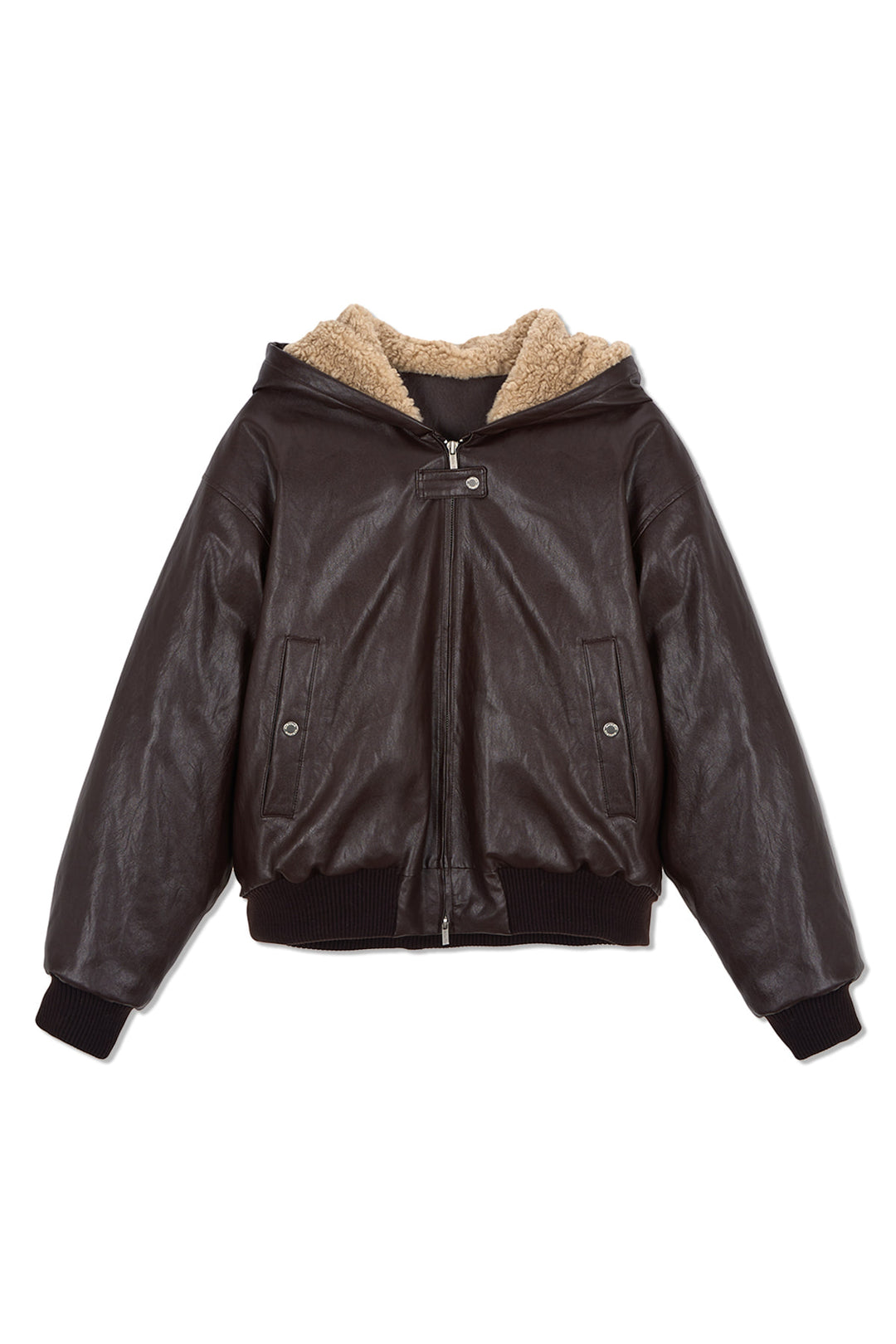 Matin Kim Faux Leather Zip-Up Hoody — Brown