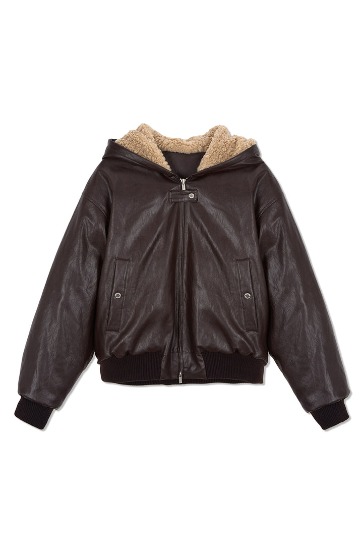 Matin Kim Faux Leather Zip-Up Hoody — Brown
