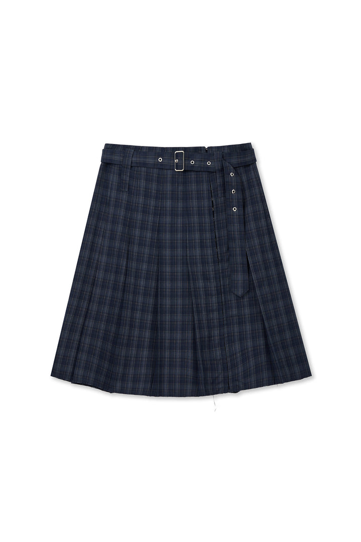 Matin Kim Belted Slit Pleat Skirt — Navy blue