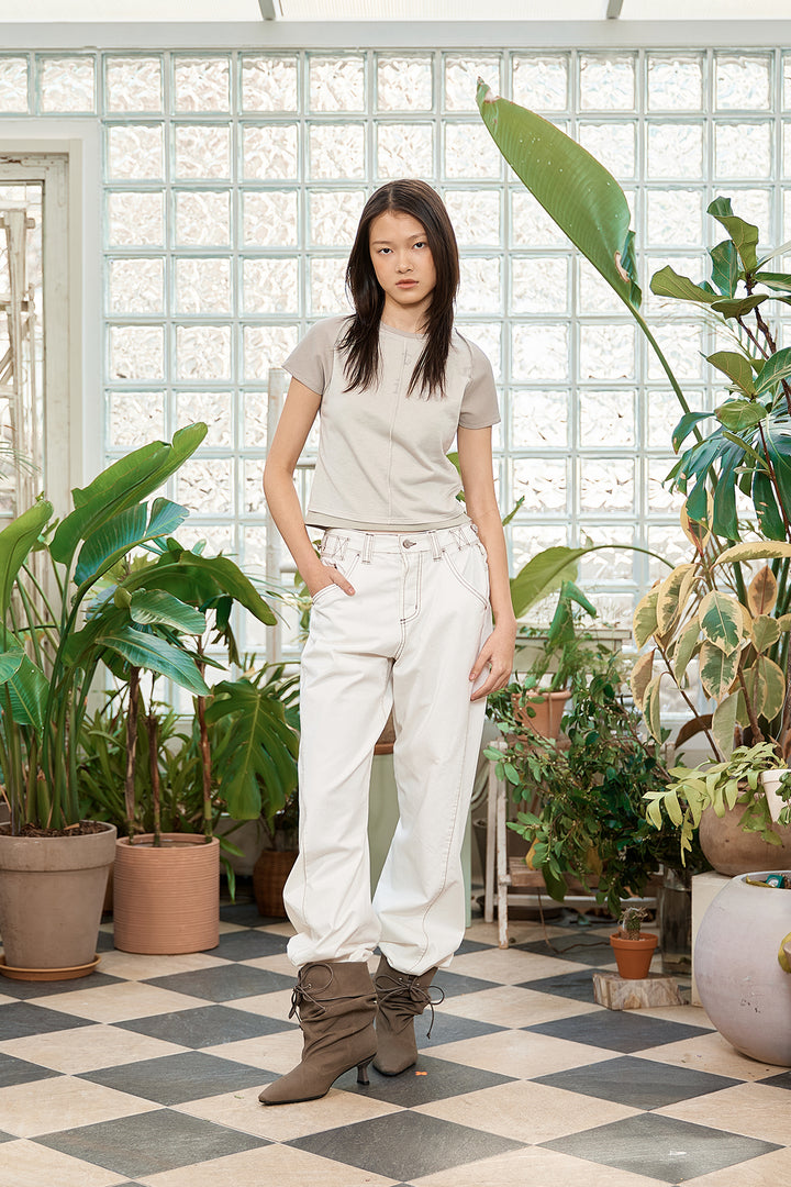 Matin Kim Pintuck Layered Slim Crop Top — Khaki