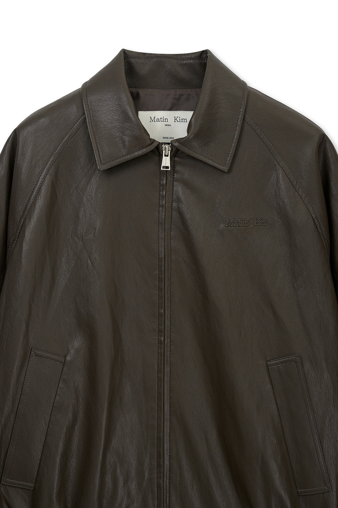 Matin Kim Small Logo Faux Leather Zip-Up — Brown