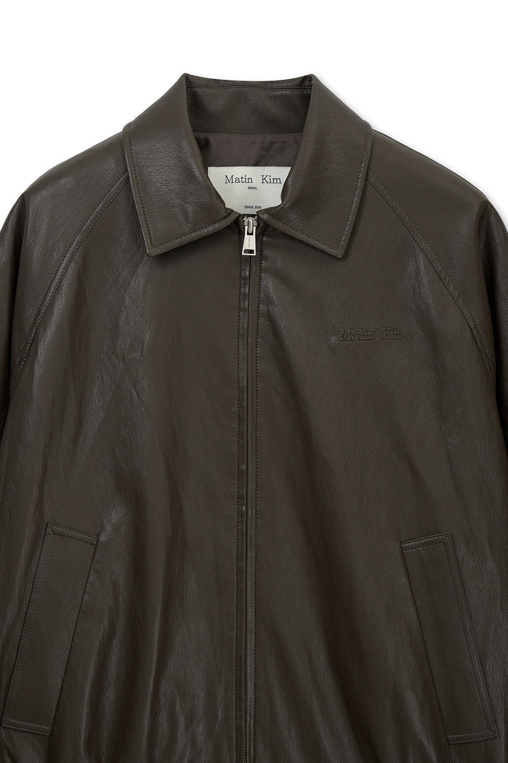 Matin Kim Small Logo Faux Leather Zip-Up — Brown