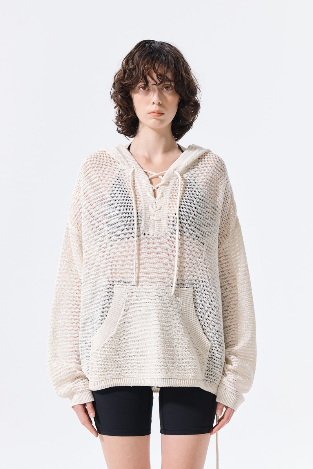 Matin Kim Oversized Mesh Knit Hoodie — Cream