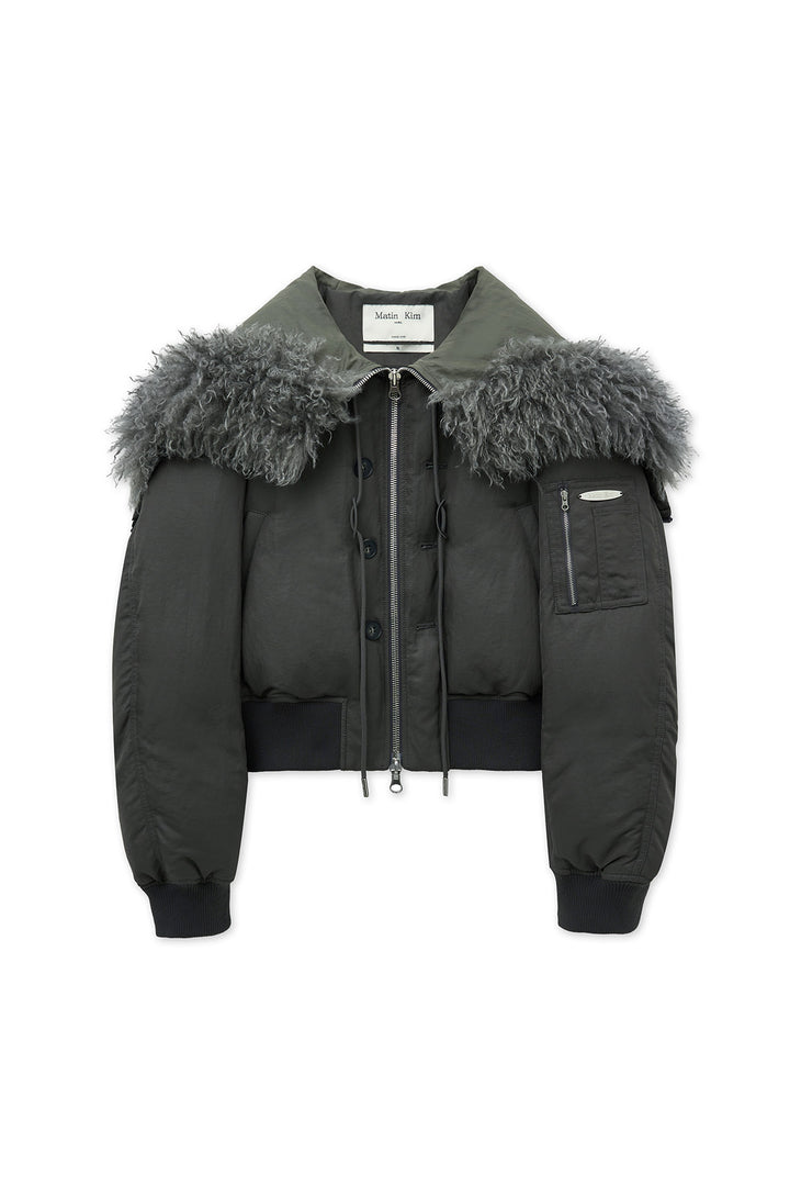 Matin Kim Fur Hoody Bomber Down Jumper — Gray