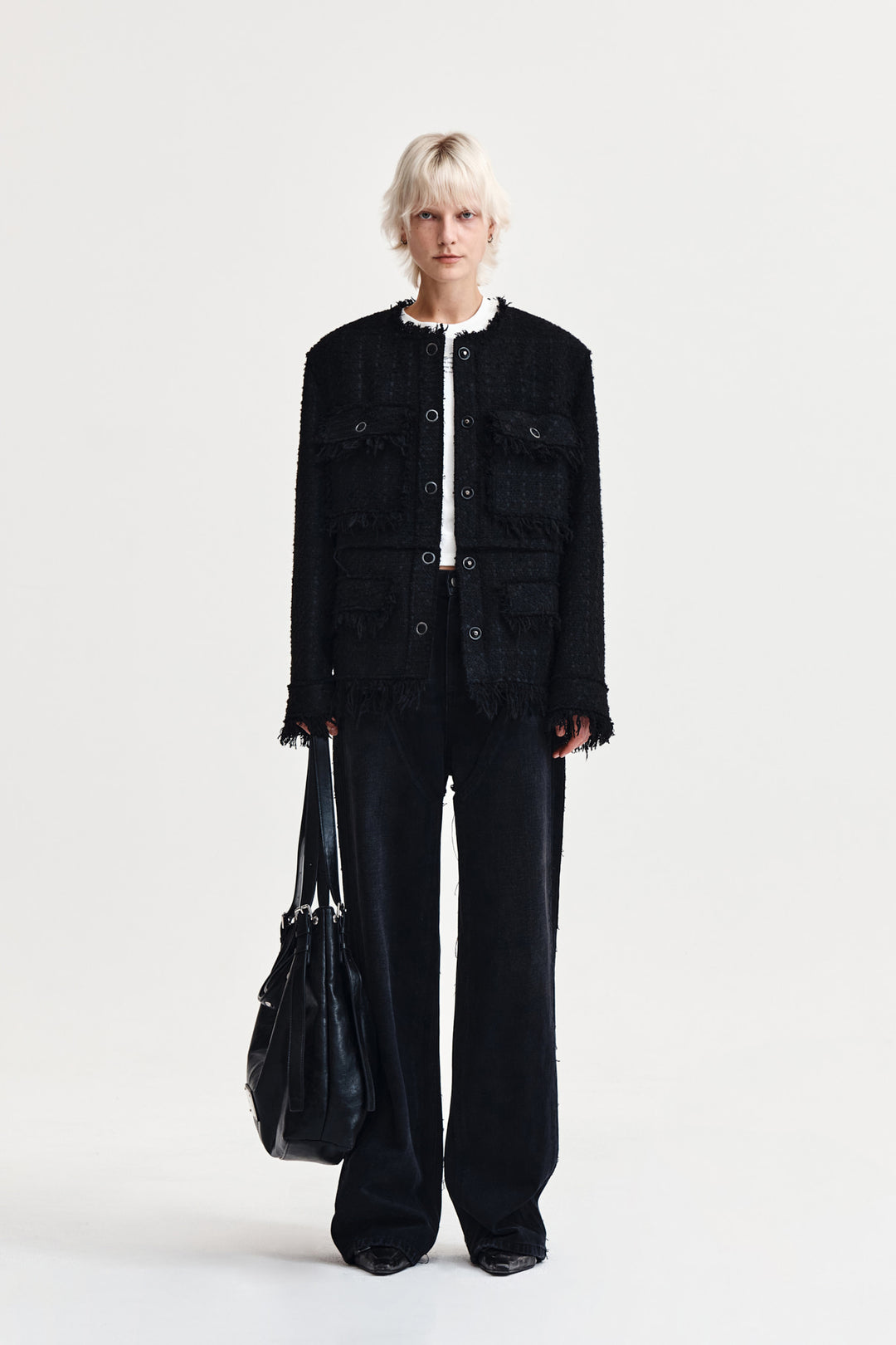 Matin Kim Two Way Collarless Tweed Jacket — Black