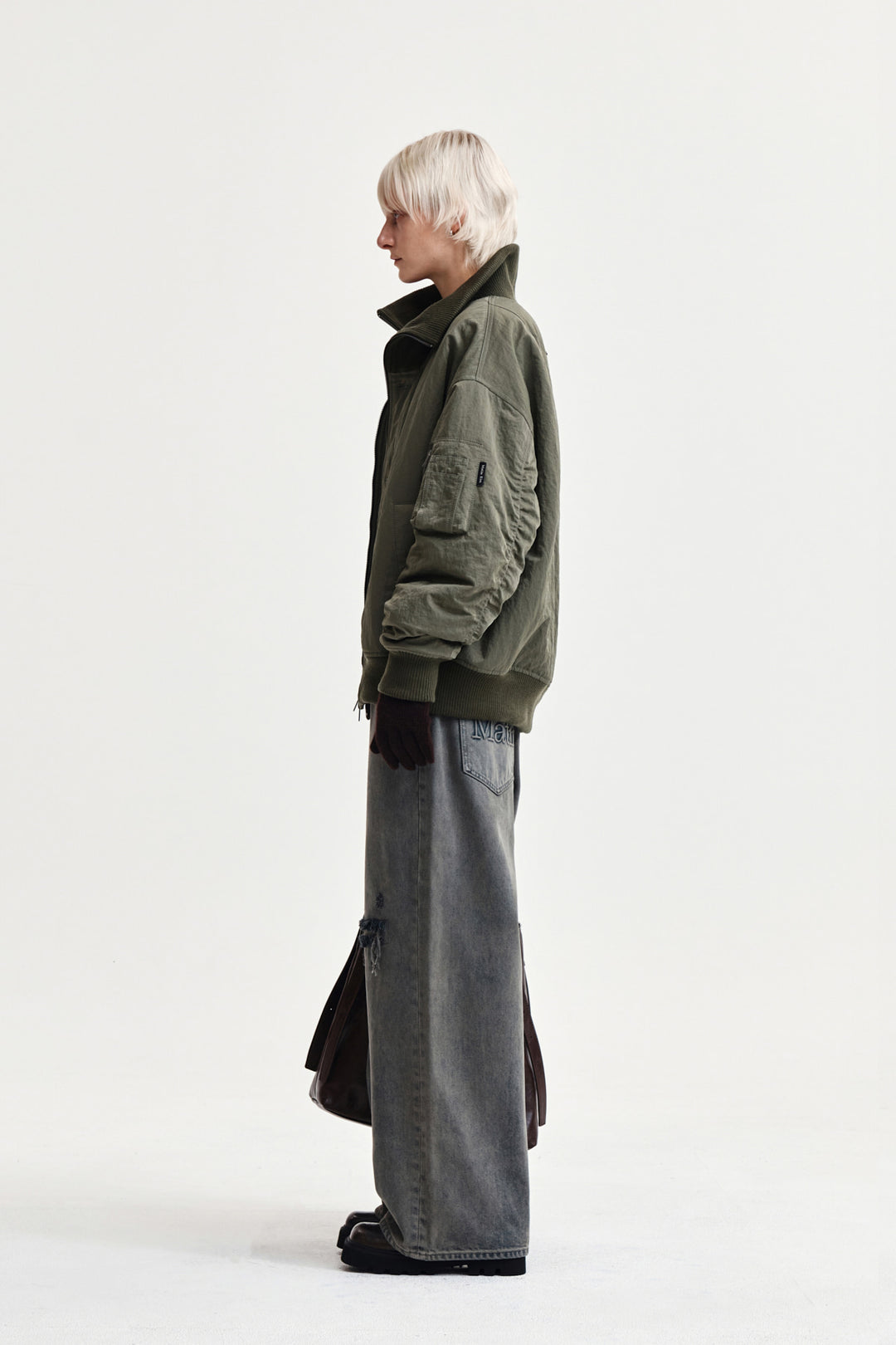 Matin Kim High Neck Button Point Zip Up Jumper — Khaki
