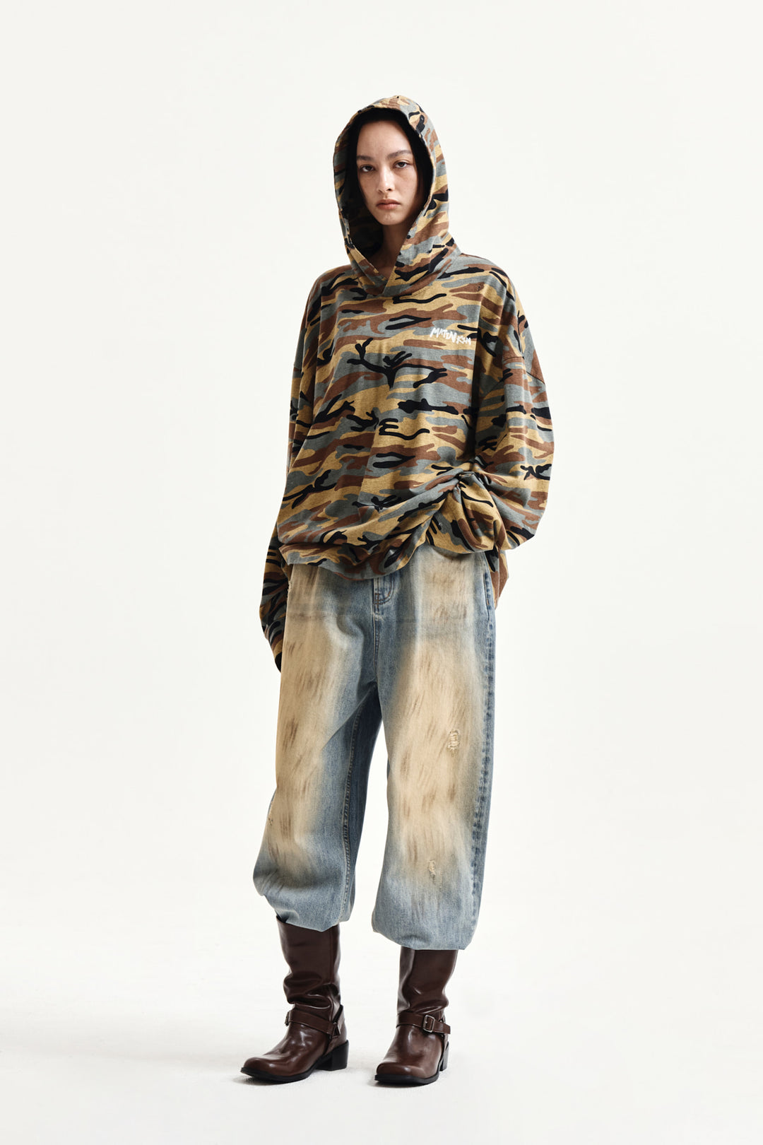 Matin Kim Typo Artwork Camouflage Hoody — Camel