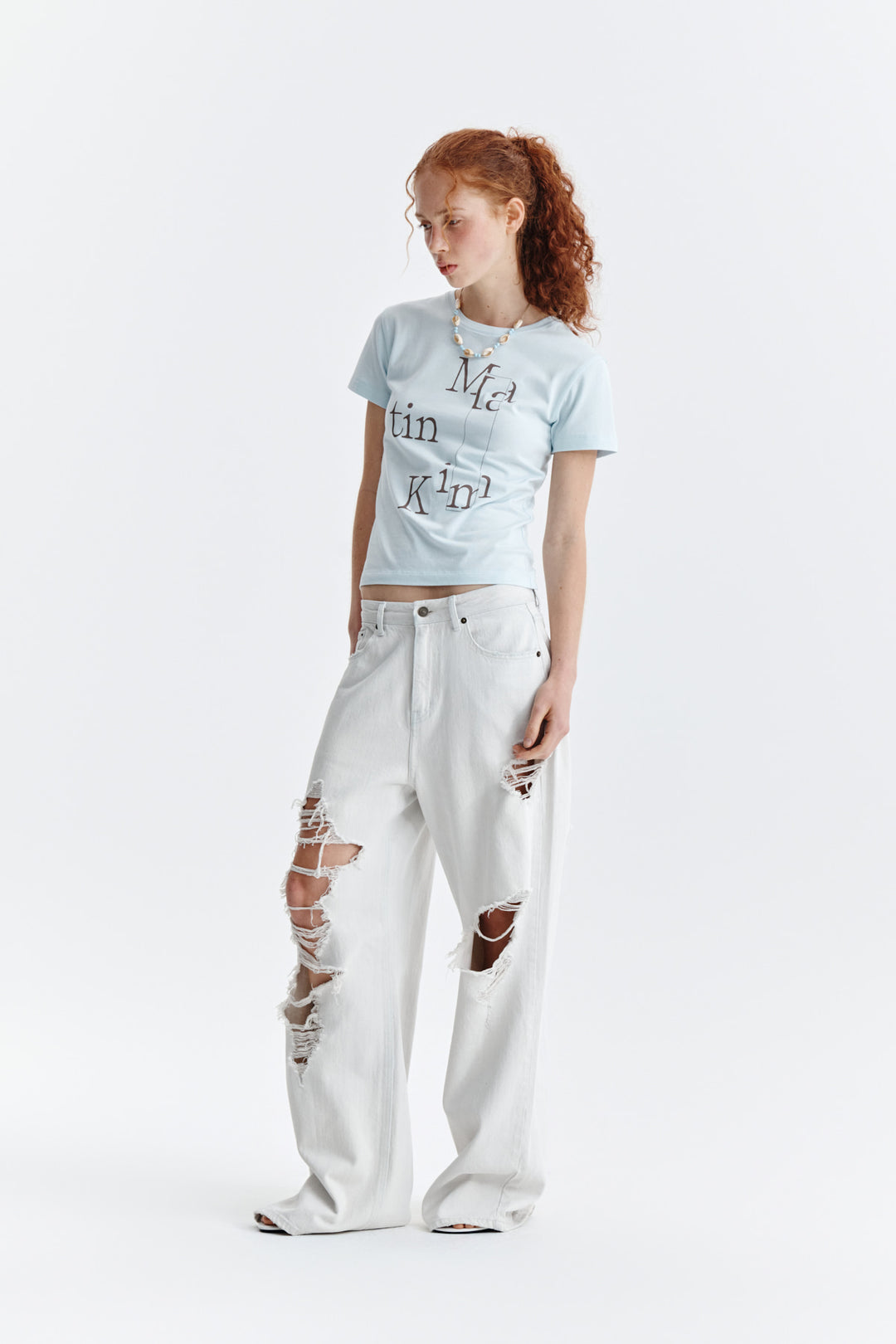 Matin Kim Patchwork Graphic Logo Tee — Light Blue