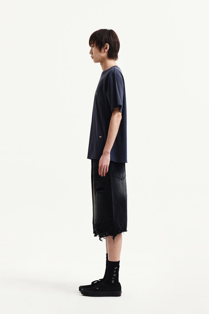 Matin Kim Spray Washed Lettering Damaged Top — Navy blue
