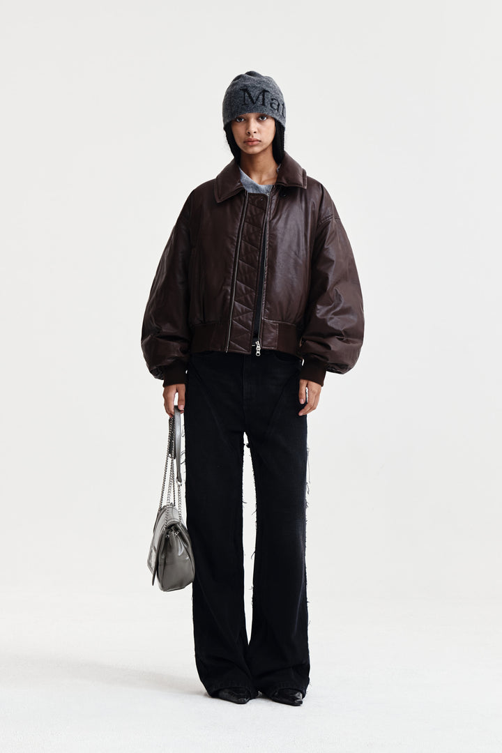 Matin Kim Faux Leather Down Jumper — Brown