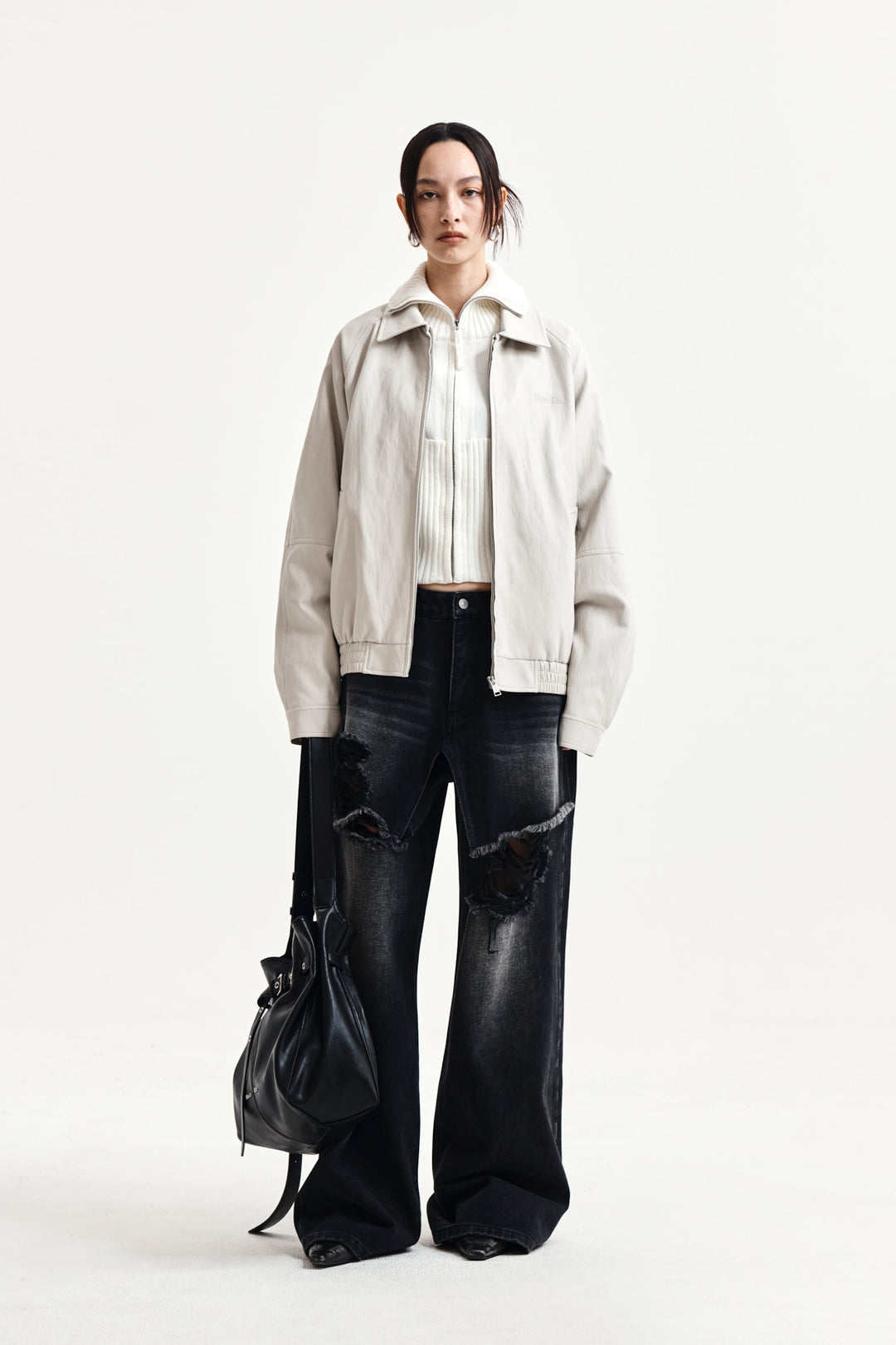 Matin Kim Small Logo Faux Leather Zip-Up — Light Grey