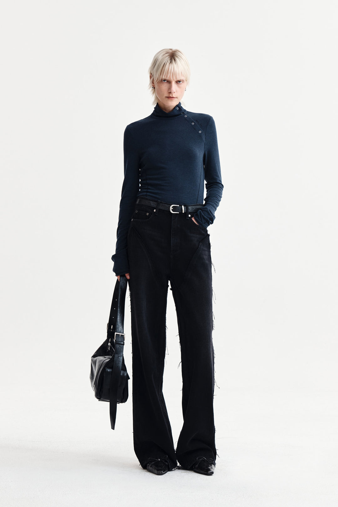 Matin Kim Button Slit Half Neck Top — Navy blue