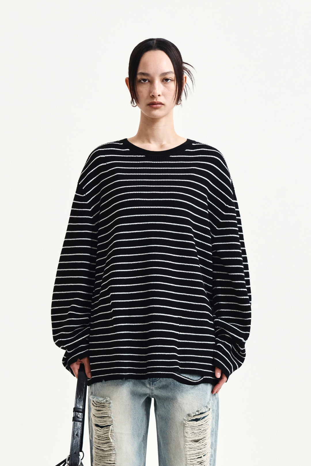 Matin Kim Stripe Damaged Loose Pullover — Black